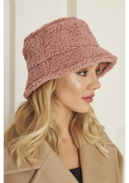 EKE TEKSTİL Pembe Kadın Peluş Kova Model Balıkçı Bucket Hat Kışlık Şapka