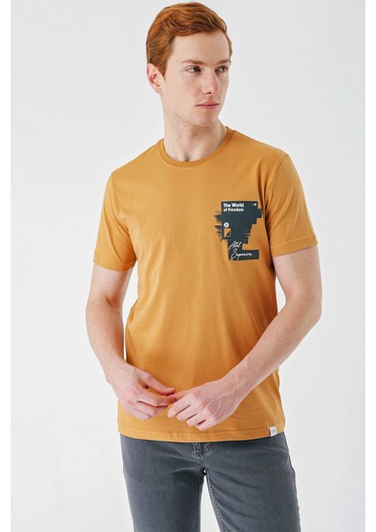 Hardal Baskılı Bez Ayağı Bisiklet Yaka %100 Pamuk Casual Slim Fit Dar Kesim Tişört 1011240166 modelleri