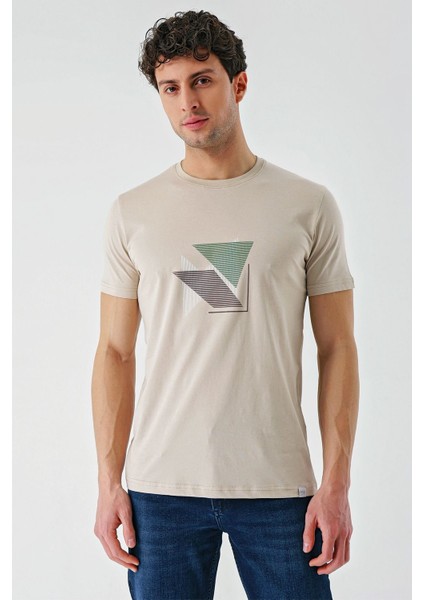 Bej Baskılı Bez Ayağı Bisiklet Yaka %100 Pamuk Casual Slim Fit Dar Kesim T-Shirt 1011240168