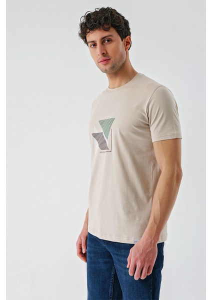 Bej Baskılı Bez Ayağı Bisiklet Yaka %100 Pamuk Casual Slim Fit Dar Kesim T-Shirt 1011240168