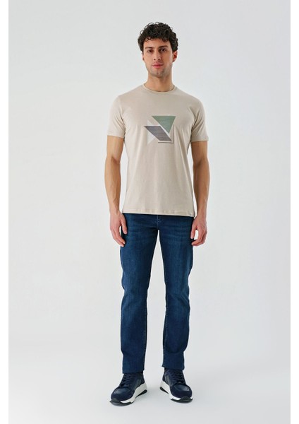 Bej Baskılı Bez Ayağı Bisiklet Yaka %100 Pamuk Casual Slim Fit Dar Kesim T-Shirt 1011240168