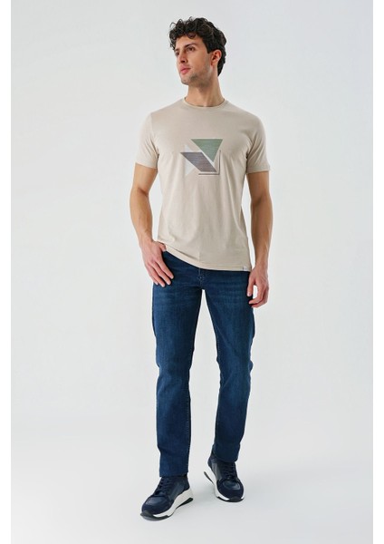 Bej Baskılı Bez Ayağı Bisiklet Yaka %100 Pamuk Casual Slim Fit Dar Kesim T-Shirt 1011240168