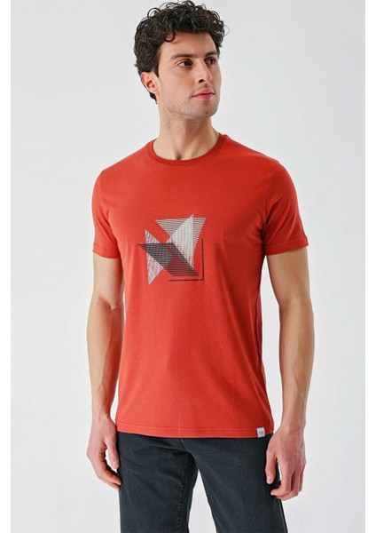 Tarçın Baskılı Bez Ayağı Bisiklet Yaka %100 Pamuk Casual Slim Fit Dar Kesim T-Shirt 1011240168