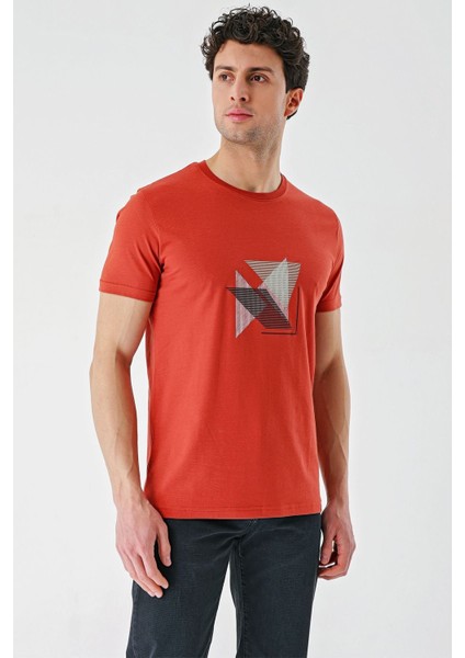 Tarçın Baskılı Bez Ayağı Bisiklet Yaka %100 Pamuk Casual Slim Fit Dar Kesim T-Shirt 1011240168