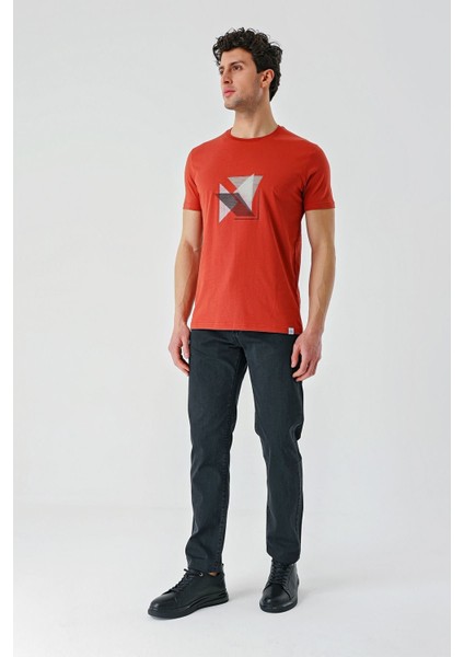 Tarçın Baskılı Bez Ayağı Bisiklet Yaka %100 Pamuk Casual Slim Fit Dar Kesim T-Shirt 1011240168