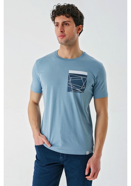 Koyu Mavi Baskılı Bez Ayağı Bisiklet Yaka %100 Pamuk Casual Slim Fit Dar Kesim T-Shirt 1011240169
