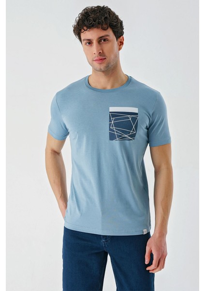 Koyu Mavi Baskılı Bez Ayağı Bisiklet Yaka %100 Pamuk Casual Slim Fit Dar Kesim T-Shirt 1011240169