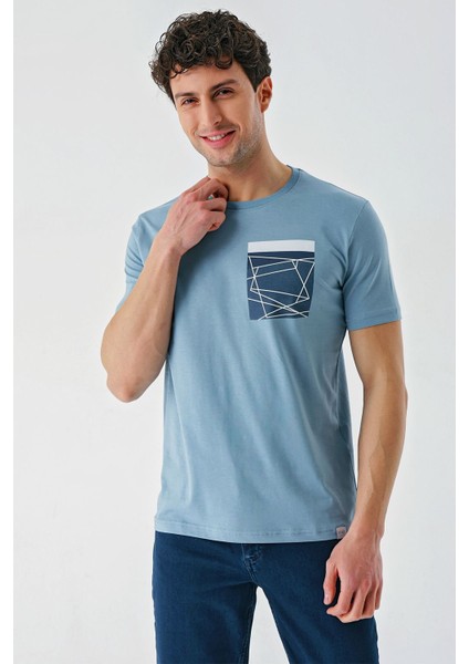 Koyu Mavi Baskılı Bez Ayağı Bisiklet Yaka %100 Pamuk Casual Slim Fit Dar Kesim T-Shirt 1011240169