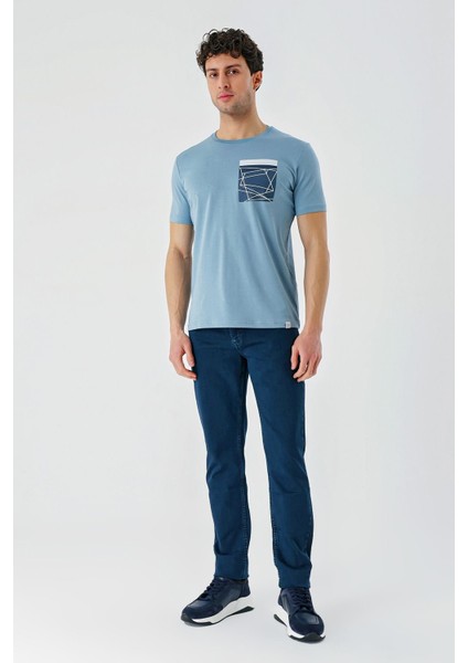 Koyu Mavi Baskılı Bez Ayağı Bisiklet Yaka %100 Pamuk Casual Slim Fit Dar Kesim T-Shirt 1011240169