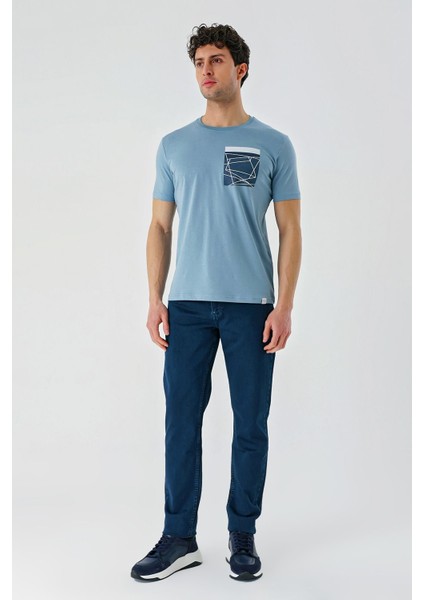 Koyu Mavi Baskılı Bez Ayağı Bisiklet Yaka %100 Pamuk Casual Slim Fit Dar Kesim T-Shirt 1011240169
