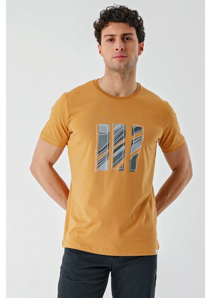 Hardal Baskılı Bez Ayağı Bisiklet Yaka %100 Pamuk Casual Slim Fit Dar Kesim Tişört 1011240165 fiyatları