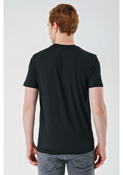 Siyah Baskılı Bez Ayağı Bisiklet Yaka %100 Pamuk Casual Slim Fit Dar Kesim T-Shirt 1011240165