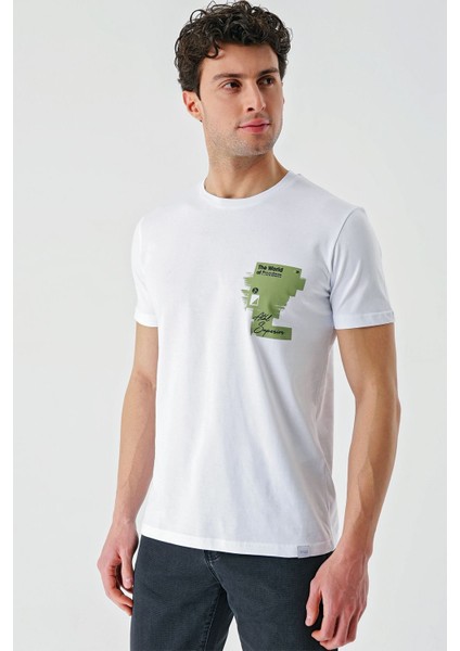 Beyaz Baskılı Bez Ayağı Bisiklet Yaka %100 Pamuk Casual Slim Fit Dar Kesim T-Shirt 1011240166