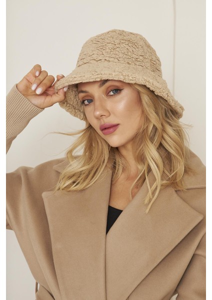 EKE TEKSTİL Camel Kadın Peluş Kova Model Balıkçı Bucket Hat Kışlık Şapka