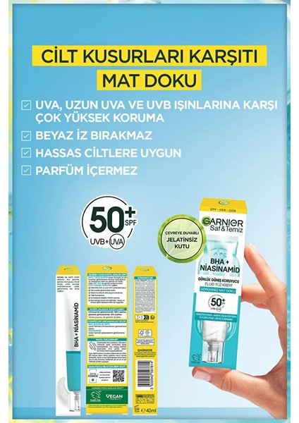 Saf ve Temiz Bha Niasinamid Günlük Güneş Koruyucu Fluid Yüz Kremi SPF50 40ML