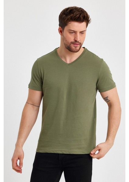 Metalıc Erkek Haki Pamuklu Kısa Kollu V Yaka T-Shirt