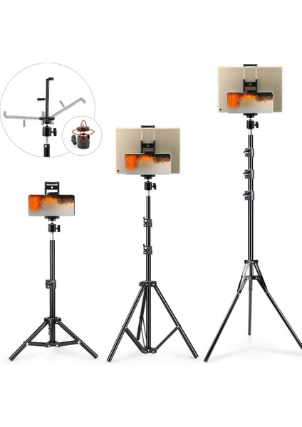 210 cm Tripod 2 In 1 Metal Ayaklı Katlanabilir Döner Başlıklı Tablet ve Telefon Tutucu Stand