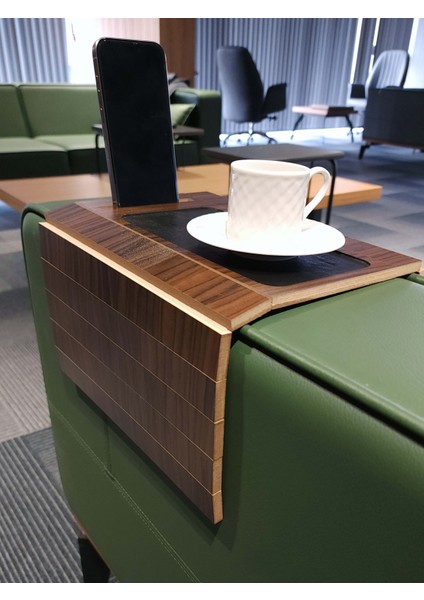 Telefon Tutuculu Ahşap Katlanır Portatif Organizer Yan Sehpa Kaydırmaz Deri Yüzeyli