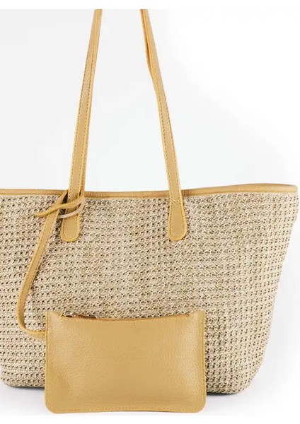 Suni Deri Biyeli Hasır Totebag Çanta 68851 fiyatları