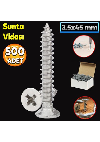 Sunta Vidası 3.5X45 Paket 500 Adet Sivri Uçlu Ahşap Tahta Ağaç Mobilya Ayak Kulp Vidası