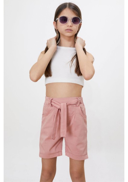Pembe Beli Lastikli Kuşaklı Kız Çocuk Şort 18480