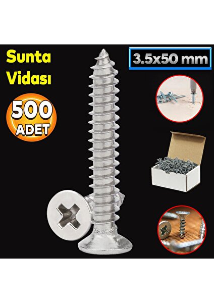 Sunta Vidası 3.5X50 Paket 500 Adet Sivri Uçlu Ahşap Tahta Ağaç Mobilya Ayak Kulp Vidası