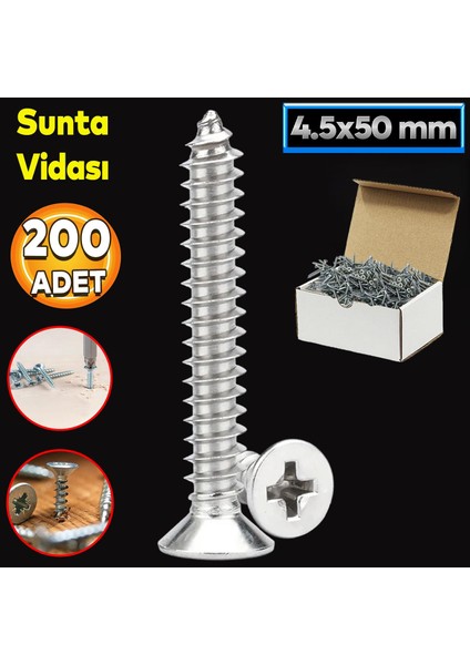 Sunta Vidası 4.5X50 Paket 200 Adet Sivri Uçlu Ahşap Tahta Ağaç Mobilya Ayak Kulp Vidası