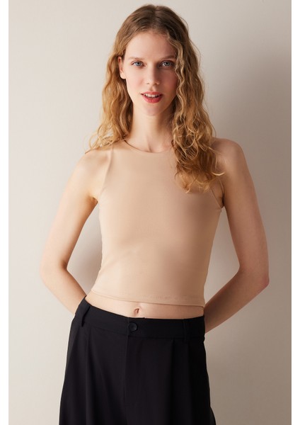 Halter Yaka Bej Crop Üst