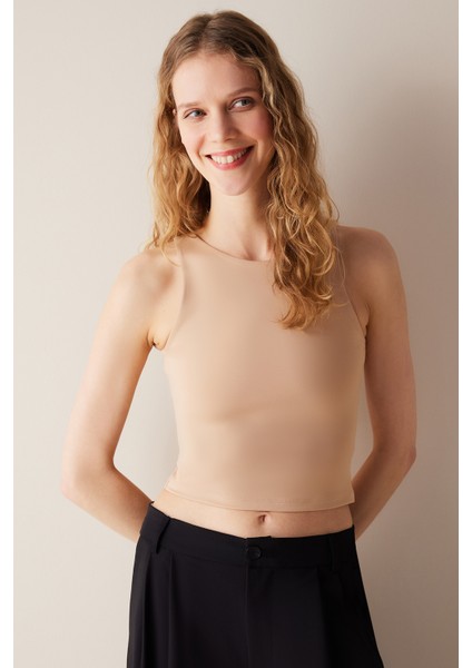 Halter Yaka Bej Crop Üst