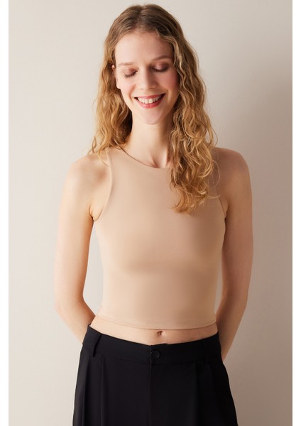 Halter Yaka Bej Crop Üst