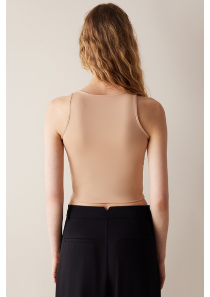 Halter Yaka Bej Crop Üst