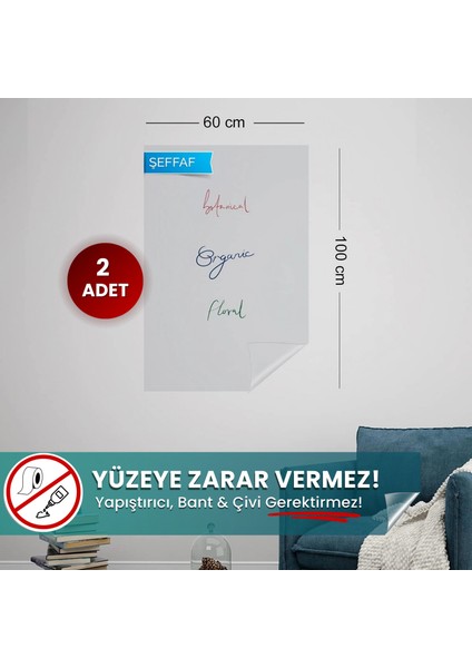 Pi Papers Akıllı Kağıt - 60x100 Cm Şeffaf, 2 Adet Pratik Inovatif, Statik Yapışkansız Tutunan Yazı Tahtası