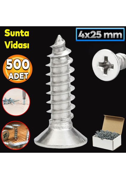 Sunta Vidası 4X25 Paket 500 Adet Sivri Uçlu Ahşap Tahta Ağaç Mobilya Ayak Kulp Vidası