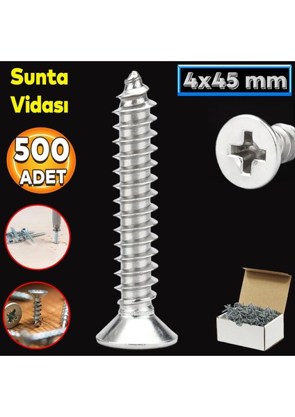 Sunta Vidası 4X45 Paket 500 Adet Sivri Uçlu Ahşap Tahta Ağaç Mobilya Ayak Kulp Vidası