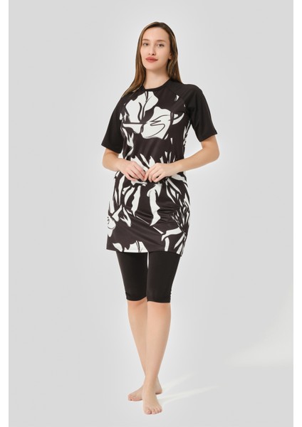 Patchwork Reglan Yarım Kol Yarı Kapalı Mayo