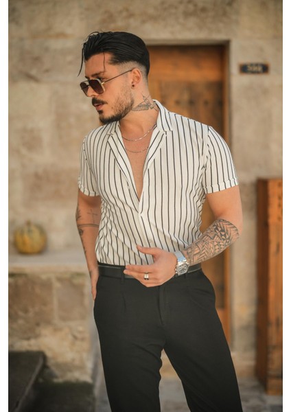 Erkek Dik Çizgili Slim Fit Gömlek Beyaz