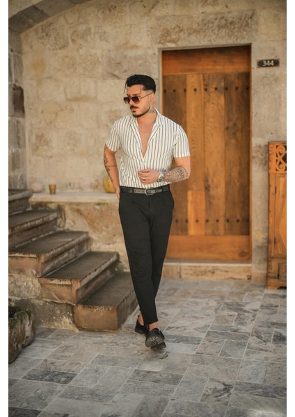 Erkek Dik Çizgili Slim Fit Gömlek Beyaz