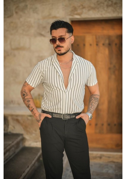 Erkek Dik Çizgili Slim Fit Gömlek Beyaz