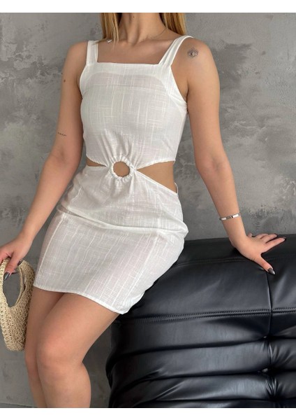 Kadın Beyaz Halkalı Bel Detaylı Mini Boy Ithal Keten Elbise HZL24S-FRY121871 fırsatları