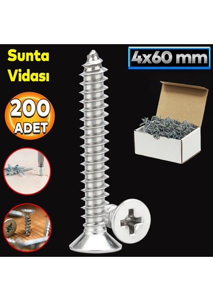 Sunta Vidası 4X60 Paket 200 Adet Sivri Uçlu Ahşap Tahta Ağaç Mobilya Ayak Kulp Vidası