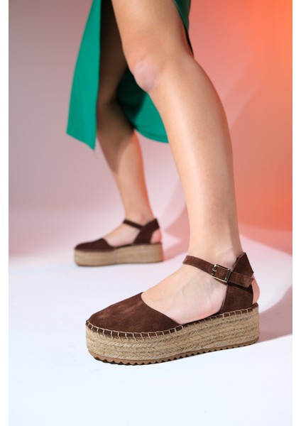 Viba Kahve Süet Kadın Hasır Dolgu Taban Sandalet