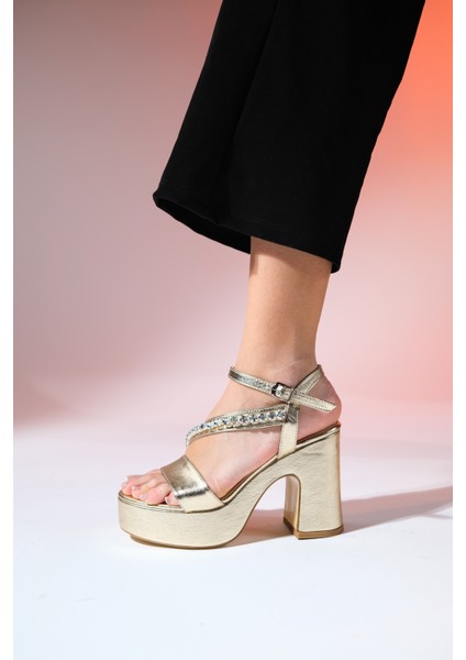 Milton Altın Cilt Taşlı Kadın Platform Topuklu Abiye Ayakkabı modelleri