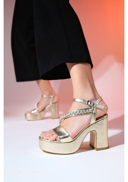 Milton Altın Cilt Taşlı Kadın Platform Topuklu Abiye Ayakkabı fırsatları