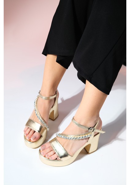 Milton Altın Cilt Taşlı Kadın Platform Topuklu Abiye Ayakkabı indirimleri