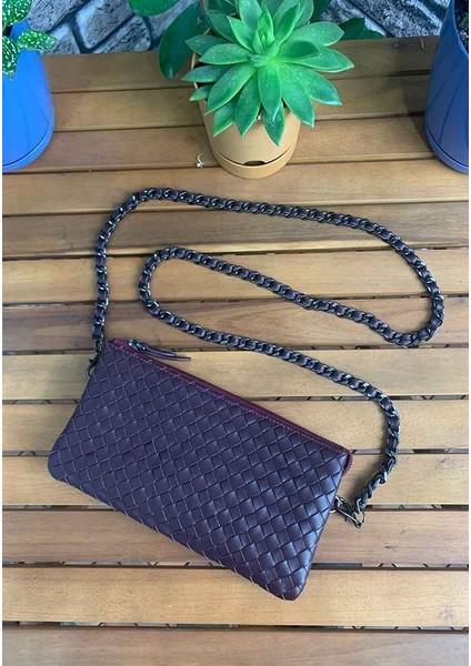 El Örgüsü Küçük Boy Bordo Deri Kadın Çantası - GRD2403XW22509