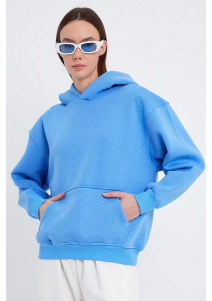 Mavi Hoodie, Oversize Hoodie, Kadın Hoodie, Kanguru Cepli Kapüşonlu