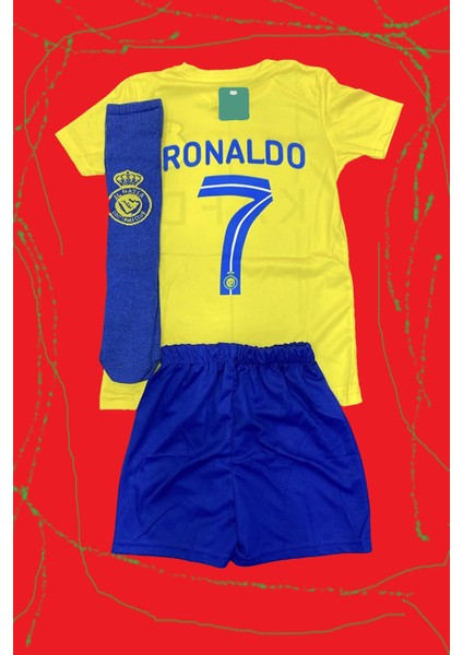 Çocuk Ronaldo Al Nassr 2023/24 Sarı Halı Saha Forma Tişört Şort Armalı Çoraplı