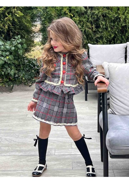 Kız Çocuk Ekose Çizgili Ceket Piliseli Etek ve Çorap Takım Bayramlık Kombin fiyatları