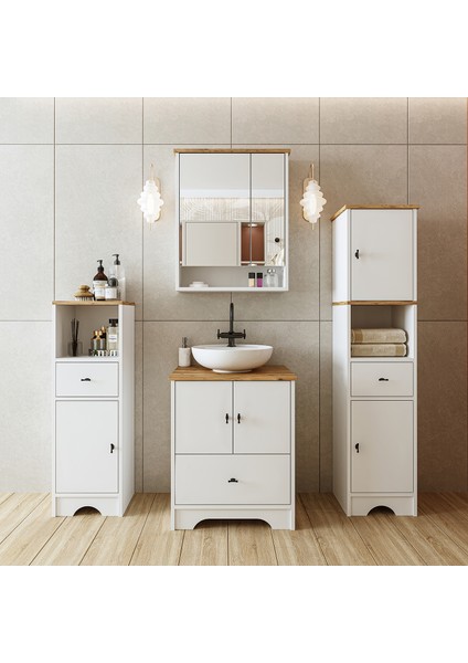 Lavabolu Banyo Dolabı Mat Beyaz Mdf 60 cm Çekmeceli Banyo Dolabı+Aynalı Üst Dolap+2 Adet Boy Dolap