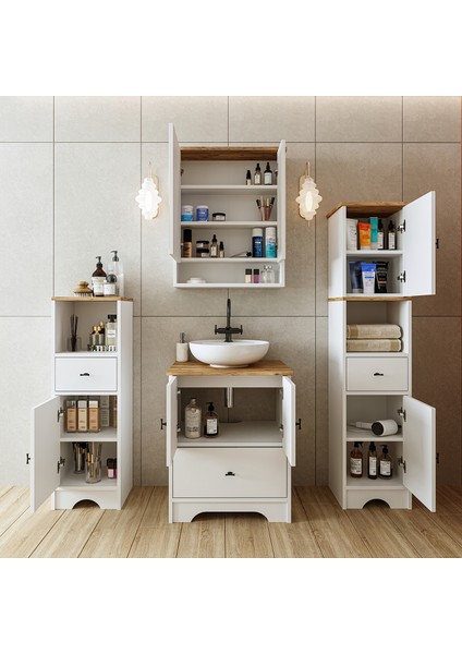 Lavabolu Banyo Dolabı Mat Beyaz Mdf 60 cm Çekmeceli Banyo Dolabı+Aynalı Üst Dolap+2 Adet Boy Dolap fiyatları